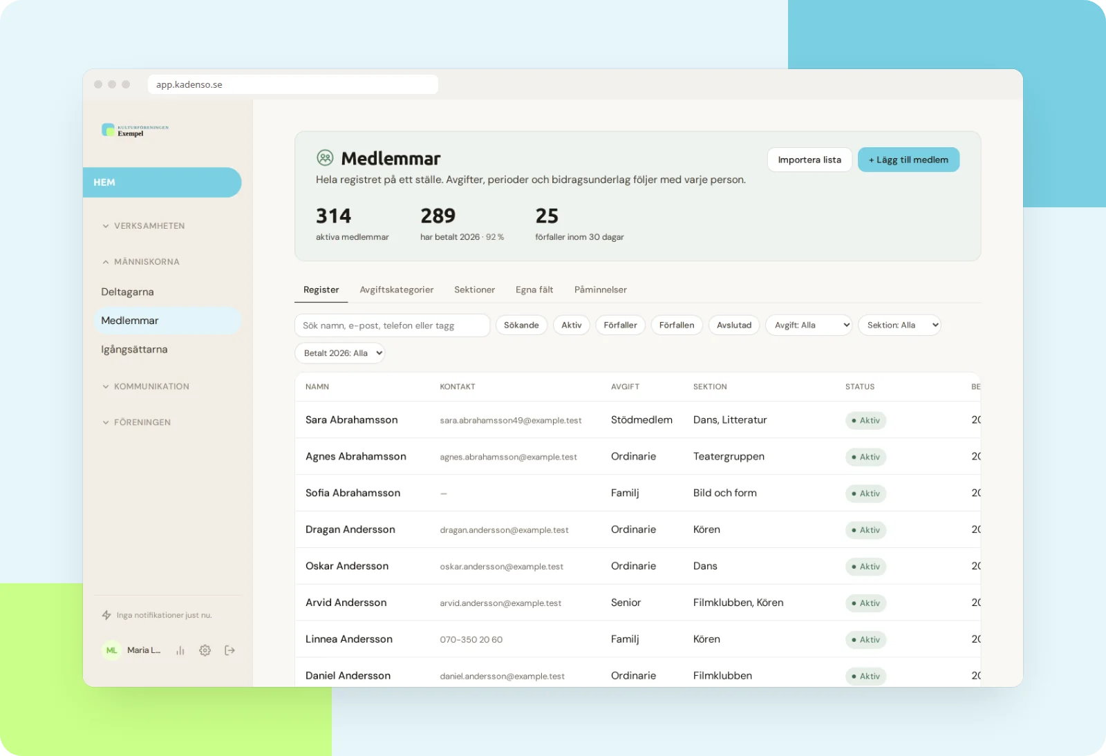 Medlemsregistret med 314 aktiva medlemmar, betalstatus och sektioner. Exempeldata.